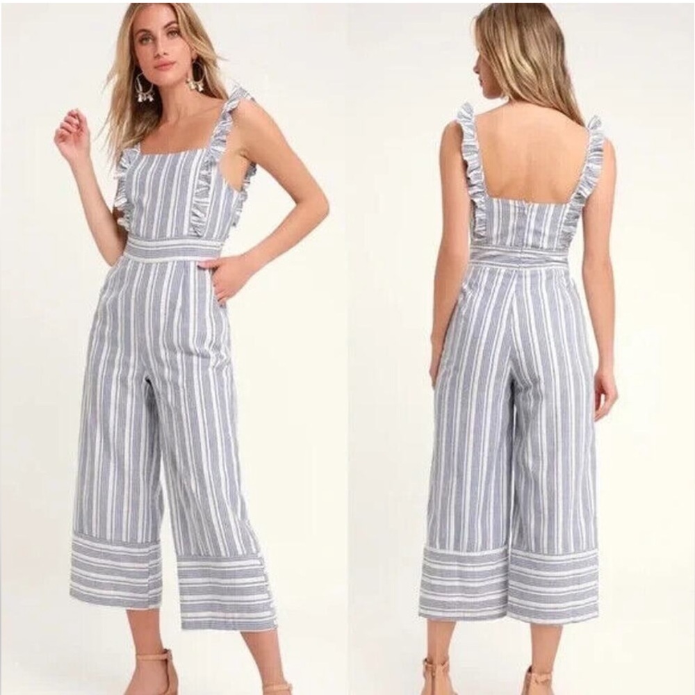 Lulus Jumpsuit Womens M Emilia Rae Linen Blue Striped Ruffle Culotte Wide Leg